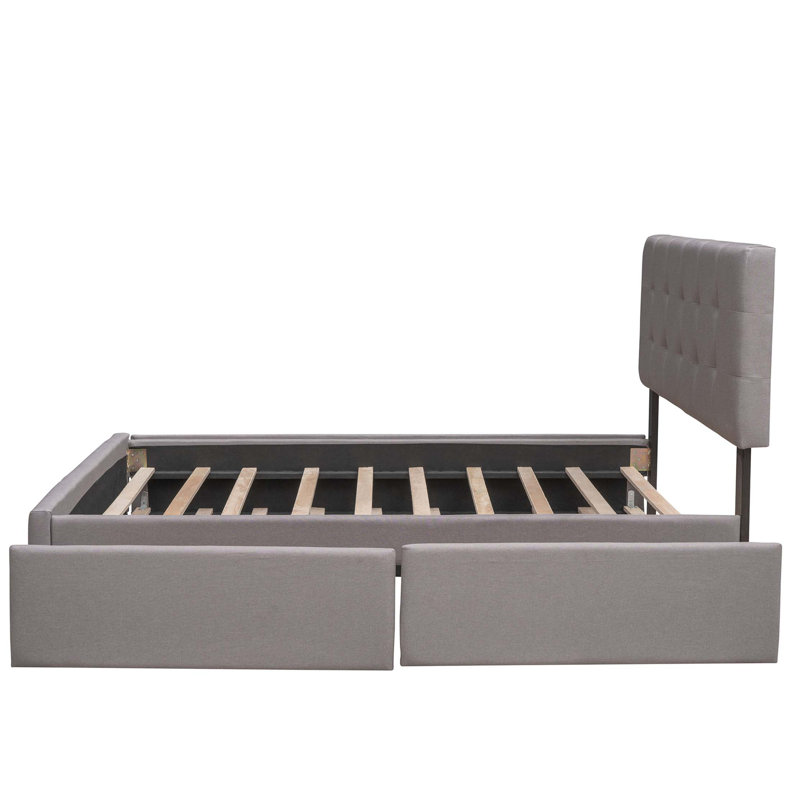 Lit plateforme tapissier avec 2 tiroirs et 1 lit gigogne en tissu de lin