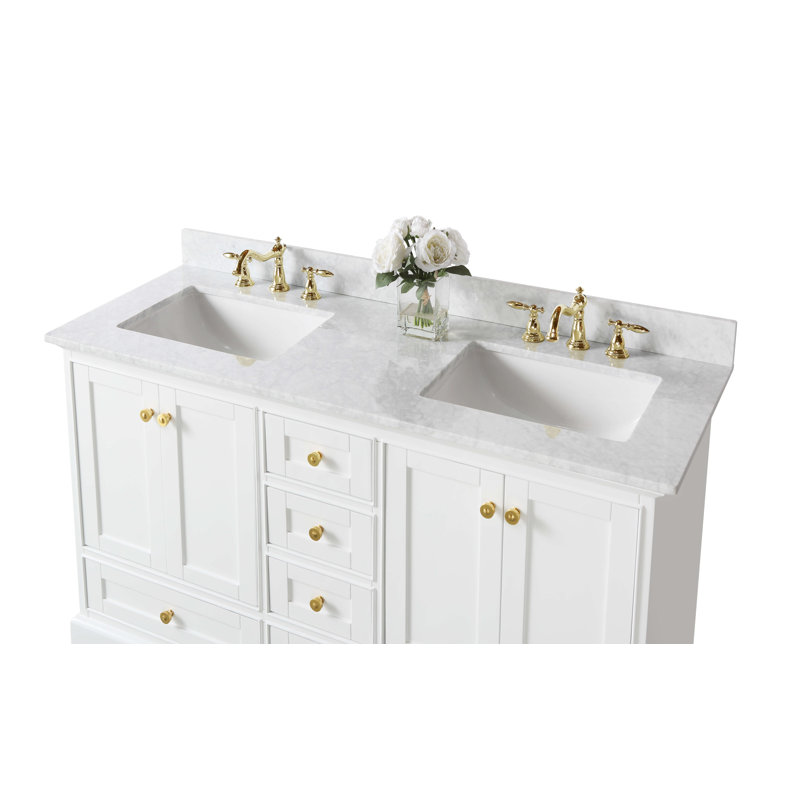 Audrey 60'' W Double Vanity, White, Carrara White, Gold
