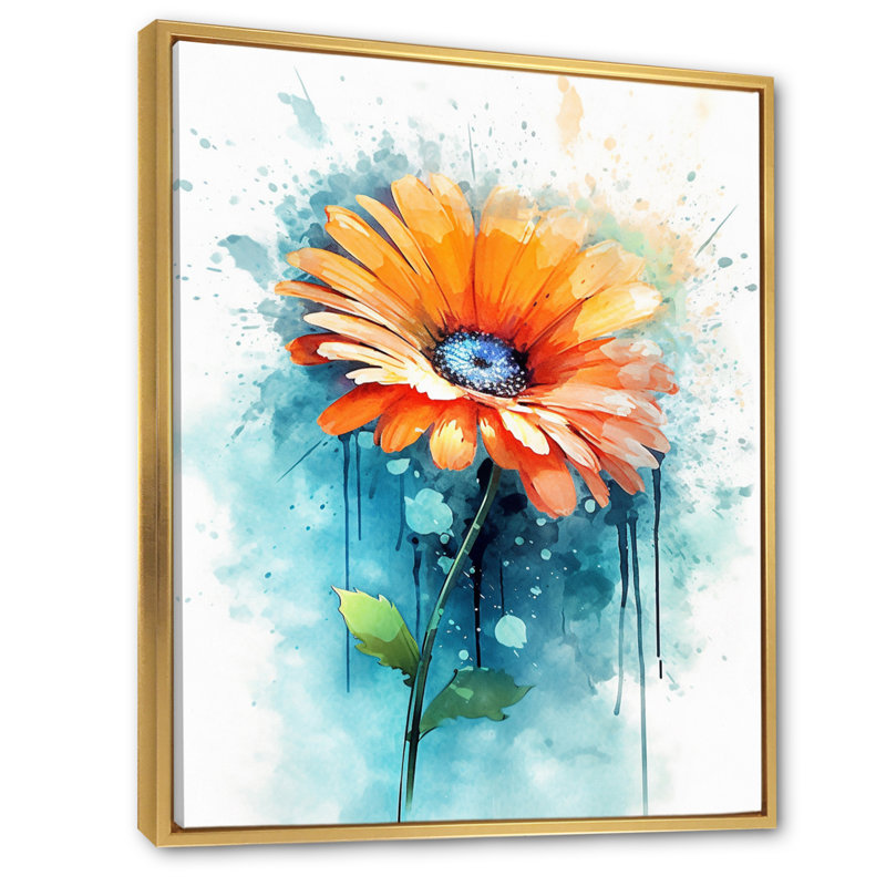 Fusion de marguerite orange et sarcelle sur toile, H 32 po x l 16 po x P 1 po, Cadre flottant doré