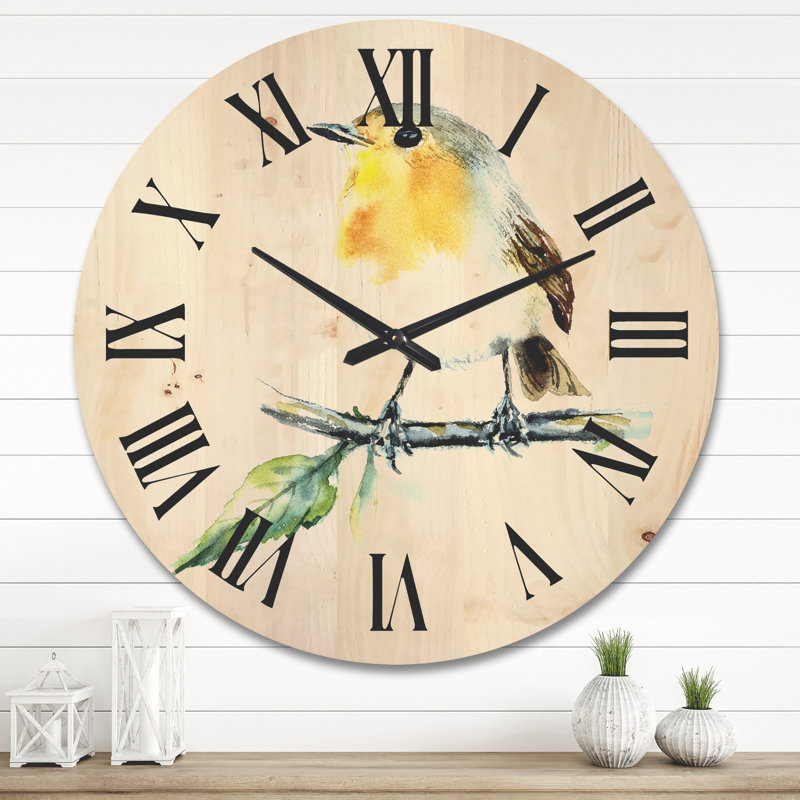 Horloge murale traditionnelle en bois - Petit merle sur une branche, Grand
