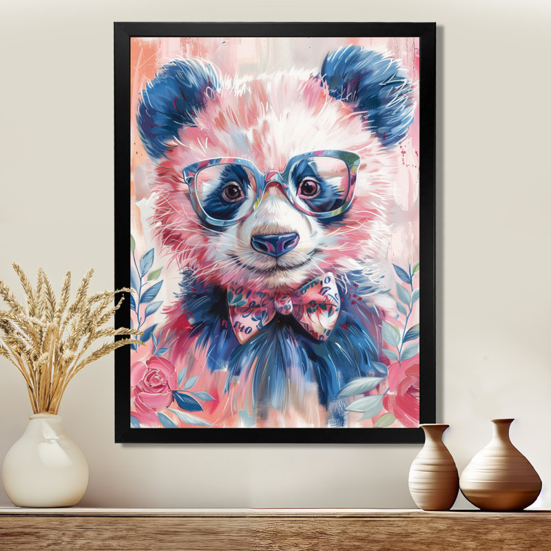 Curieux rose panda noir, portrait II, H 30 po x l 40 po, Cadre noir