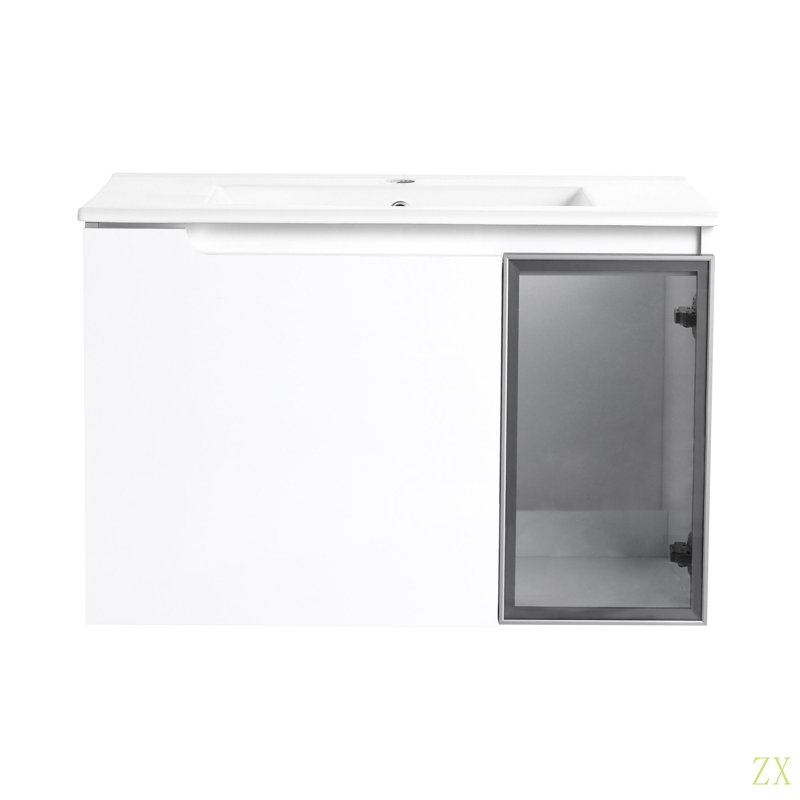Meuble-lavabo mural 30 po avec lavabo en céramique, 2 portes à fermeture en douceur, meuble-lavabo et demi-porte en verre, contreplaqué (emballage KD)