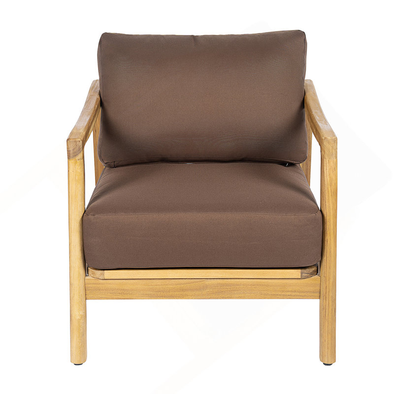Outdoor Club Chair , Acacia Wood Frame With Rope Back Detail, Water-Repellent Beige Cushions For Patio/Backyard/Deck, Brown