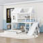Lit superposé simple au dessus d'une chambre double avec glissières, tablettes de rangement et garde-robe-129753981