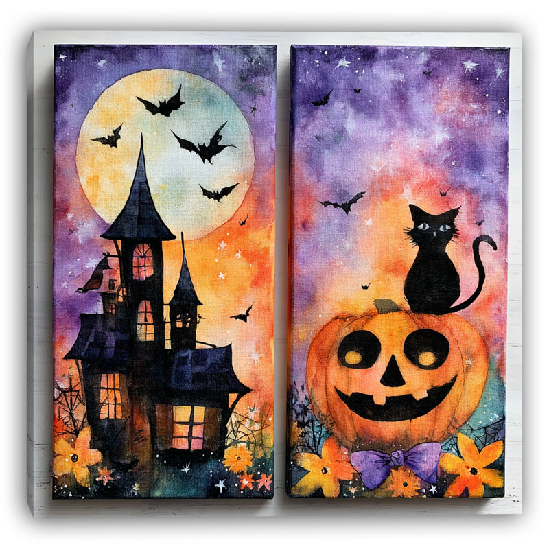 «Pumpkin and Cat Duo», art mural sur toile tendue, H 20 po x l 20 po