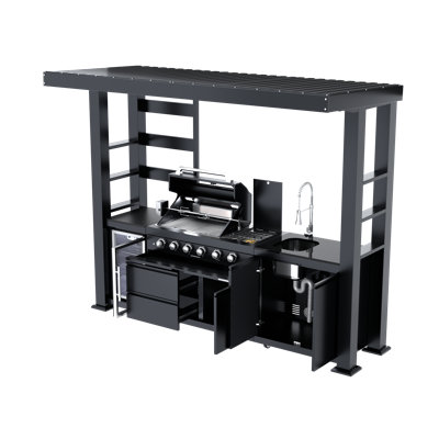 Barbecue de cuisine de 110 pouces à 4 brûleurs et 72 000 BTU de luxe en acier inoxydable pour barbecue avec îlot de cuisine + réfrigérateur à vin compact + rôtissoire + comptoirs en granite + armoires et tiroirs de rangement
