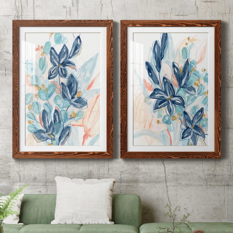 «Blooming Blues I», ensemble de 2 reproductions d'art, H 37,5 po x l 55 po x P 1,5 po, Papier avec cadre érable, Blanc