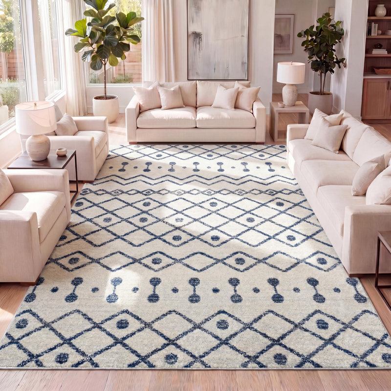 Keiaja Moroccan Beni Souk Cream/Navy Rug, Rectangle 3' x 5'