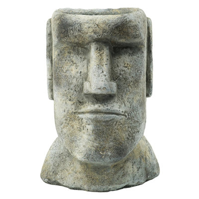 9 Inch Easter Island Cement Planter, Small To Medium Hollyhocks, Gray, Charming Facial Look , Intriguing Features