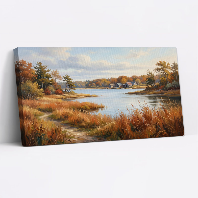 Tableau sur toile représentant une scène automnale de rivière avec des hangars à bateaux et des herbes de marais, 46“W x 24”H