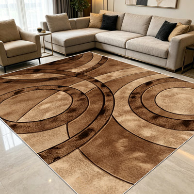 Tapis géométriques circulaires concentriques rustiques brun foncé patinés de 1 pièce pour le salon, doux et confortable, convenant à toutes les saisons, facile à entretenir, tapis de sol intérieur lavable à la machine, sous la table de ferme convenant à la table de salle à manger, à l'avant