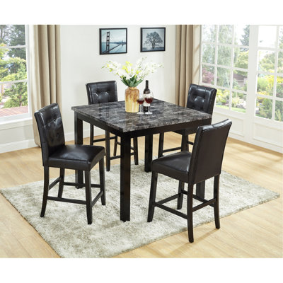 Beautiful Modern Style 5pc Counter Height Dining Room Set Square Table Faux Leather Upholstery Fabric Chairs Wooden Furniture