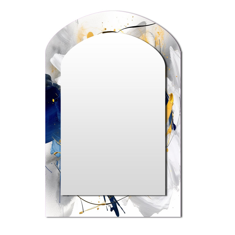 Marmo Dark Blue and Gold Strokes XIV - Fractals Asymmetrical Mirror, Blue Arch Decorative Wall Mirror, Printed Metal Art