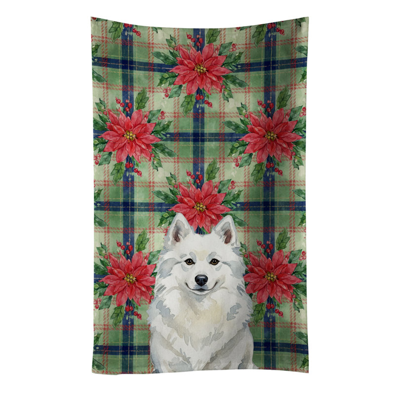 American Eskimo Christmas PoinsettIas Kitchen Towel, White American Eskimo