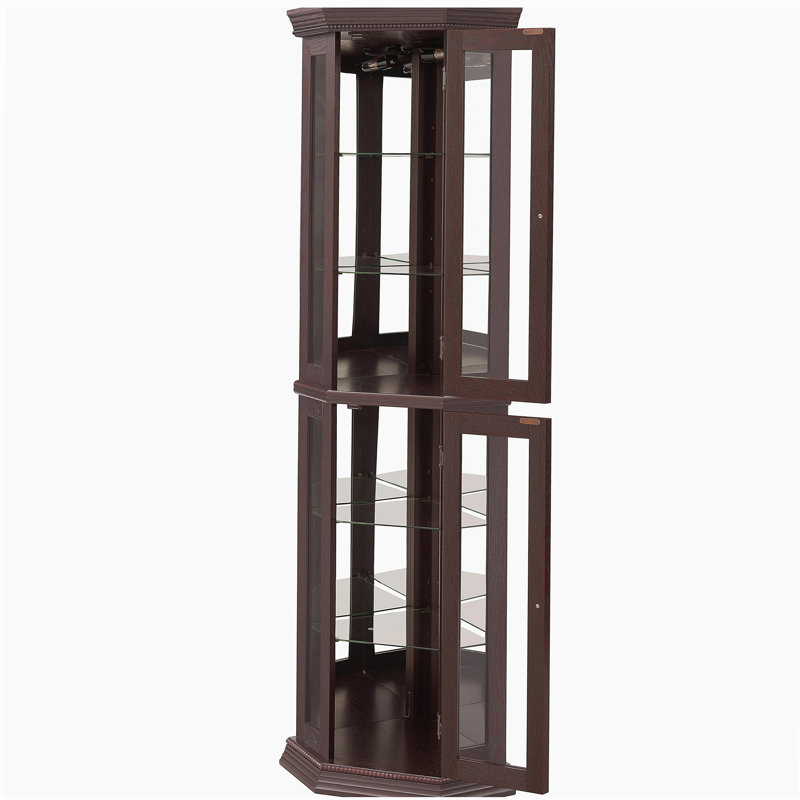 Vitrine de coin vitrée avec vitrine d'angle lumineuse, vitrine avec éclairage (inclus), bar, armoire à vin avec tablettes en verre réglables, décoration en cerisier clair (incluse)