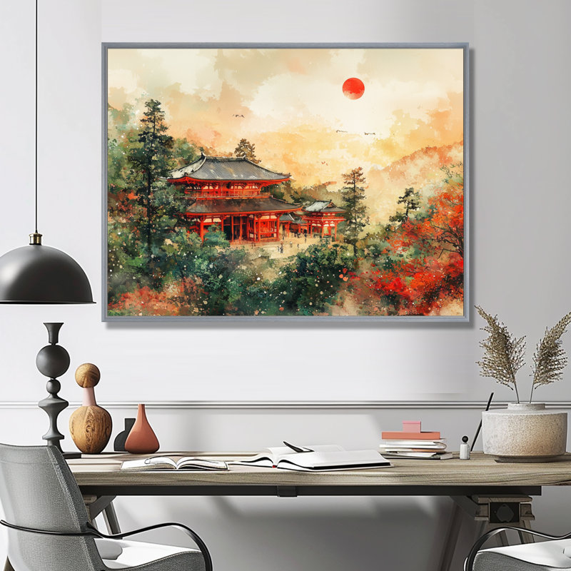 Japon, Japon, temple de Samarai Serenity III - art mural sur toile Japon, Argent argent, Impression encadrée flottante