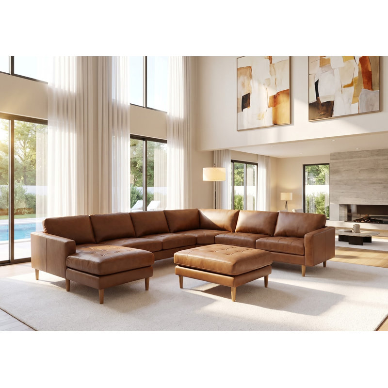 Mentzer Upholstered 142 " Top Grain Leather U-Shaped Corner Sectional with Ottoman, Chesnut Leather Match