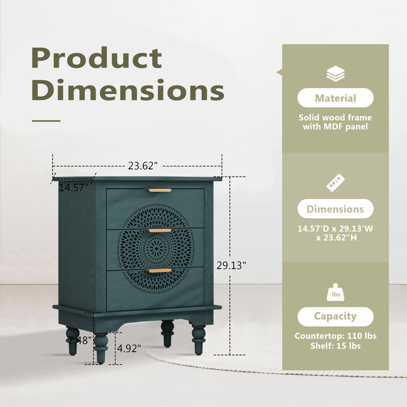 Commode à 3 tiroirs creux avec poignées en métal, table de chevet pour le salon et la chambre à coucher