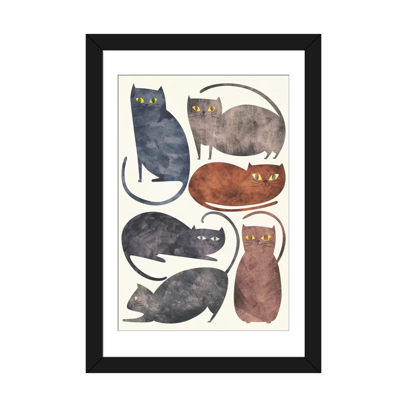« chats », art sur toile, Papier d'art encadré noir, H 32 po x l 24 po x P 1 po, Blanc