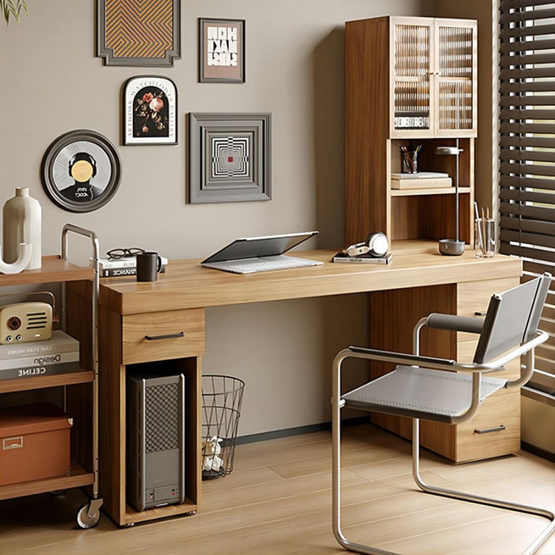 Bureau de direction en bois massif avec tiroirs Burlywood, Retour à droite, 84.7" H  x 70.9" W  x 23.6" D