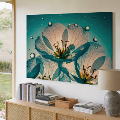Toile, un art époustouflant de près dévoile des fleurs délicates avec un art turquoise translucide et des pétales blancs avec leurs motifs complexes de veines