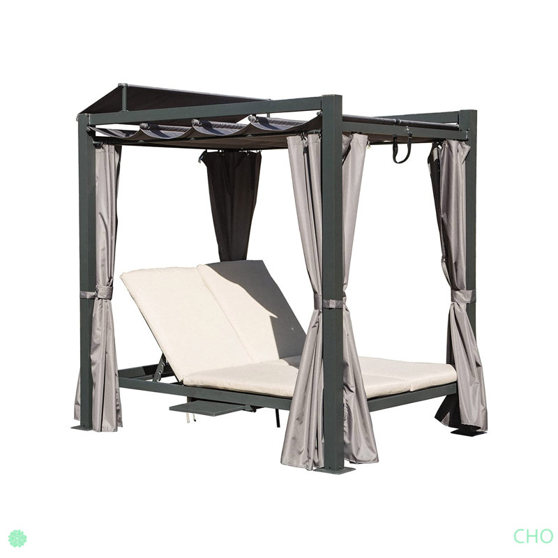Aluminum Outdoor Patio Daybed With Retractable Canopy Bed, Double Chaise Lounge Outdoor Grey Curtain With Beige Cushion & Cup Holder, For Outside Pool,Garden,Backyard,Lawn