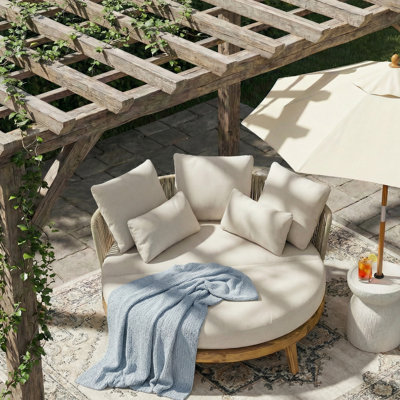 Kailani Modern Coastal Acacia Wood Round Outdoor Daybed with Rope Back and Water-Repellent Cushions