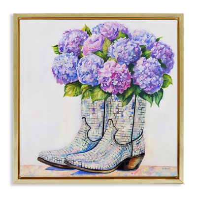 Hydrangea Filled Cowgirl Boots Floating Frame, design by Amanda Greenwood