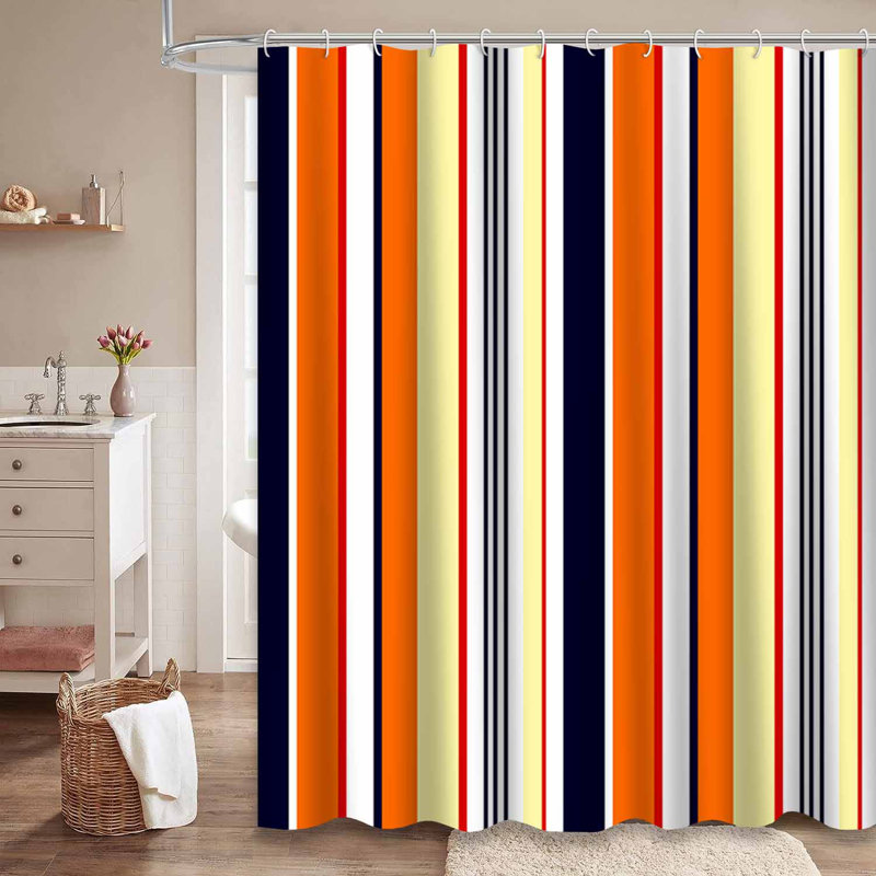 Rideau de douche rayé bleu, rouge, orange, bleu marine avec 12 crochets, L 72 po x l 78 po