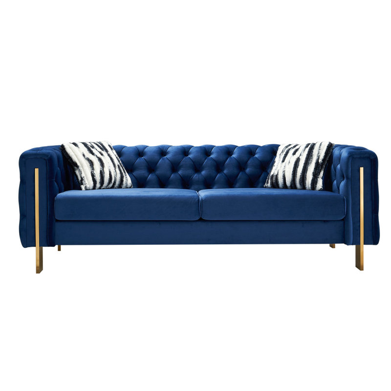 Canapé de salon Chesterfield en velours capitonné, l 84,25 po, bleu