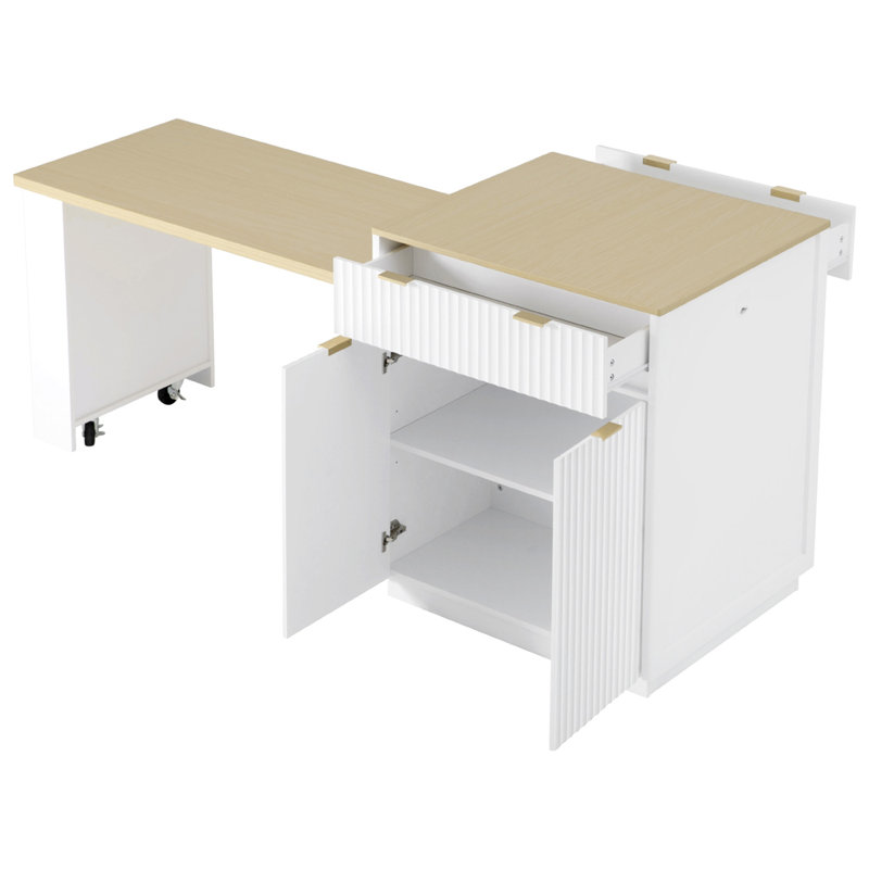 Table de cuisine 82,6 po en MDF avec rangement double-face, 2 tiroirs et 2 tablettes ouvertes blanches, White
