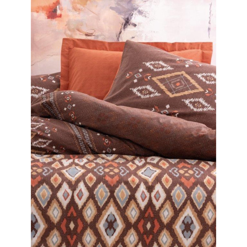 L'ensemble de housse de courtepointe simple 100% coton Ranforce, 61 x 87, comprend une taie d'oreiller 31,5 x 31,5 | Impression de pigments, 145 fils, lavable à la machine, fermeture à boutons | Design élégant brun, orange et blanc pour les chambres confortables