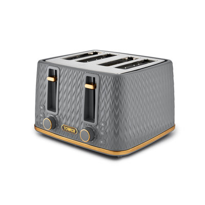 Tower Empire 4-Slice Toaster with Defrost/Stop, Removable Crumb Tray, 1600W, Brass Accents