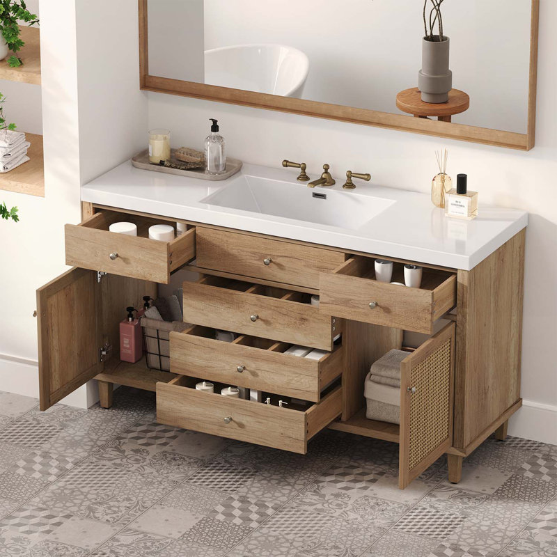 60-Inch Modern Bathroom Vanity with Sink,Large Storage,Soft-Close Drawers,Rattan Doors, Antique Natural