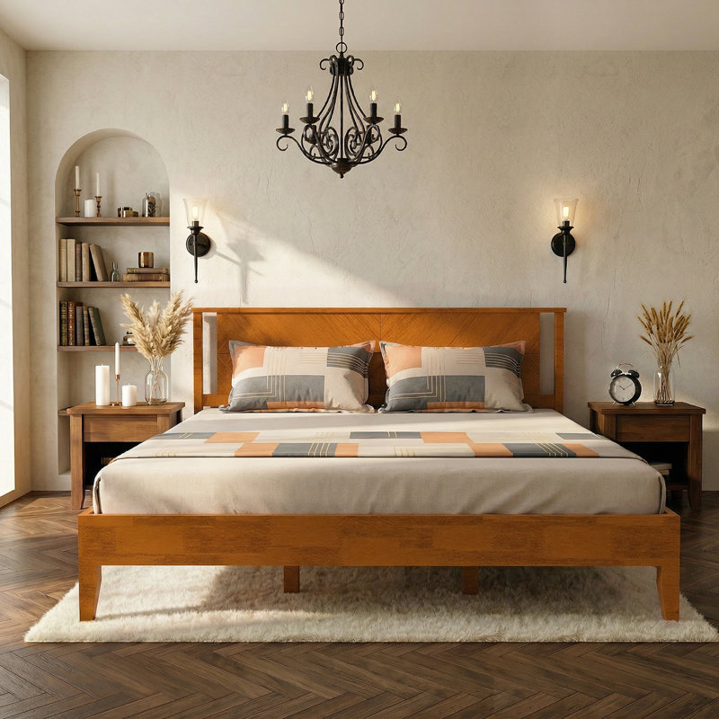 King Size Deluxe Bed Frame With Headboard With Solid Wood, No Box Spring Needed,  Easy Assembly, Rustic Golden Brown, Brown