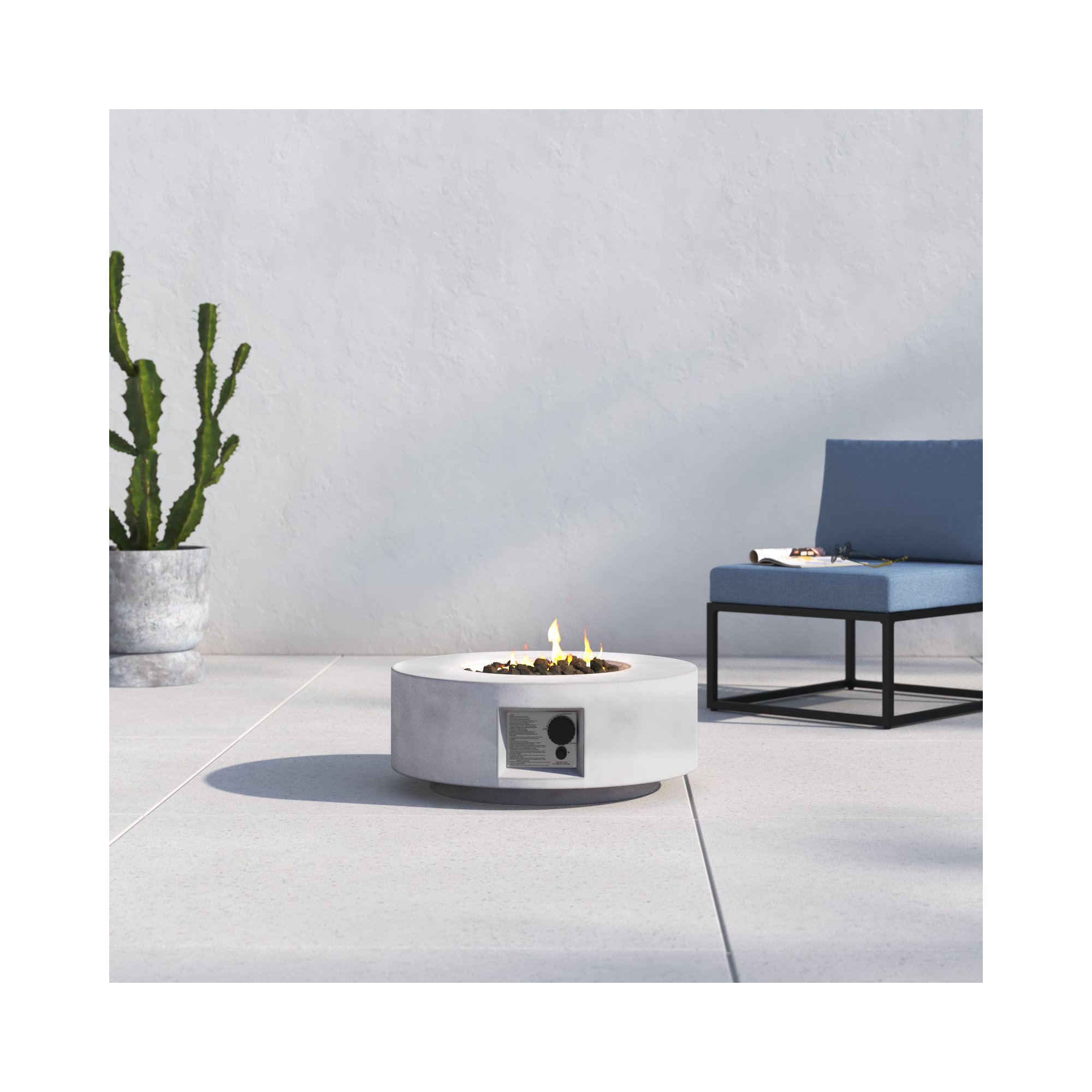 Rashid Round Fire Pit Table, Natural Concrete
