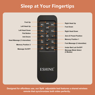 Split Top Queen Adjustable Bed Frame, Included Massage, USB & Type C Ports, Underbed Nightlight, Wireless Remote & App Control, Zero Gravity, E3000 Sunset Orange
