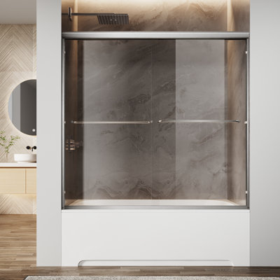 60" X 57" Semi-Frameless Tub Door with Double Sliding Doors, Double-handle towel rack and 1/4" Tempered Glass, Brushed Nickel