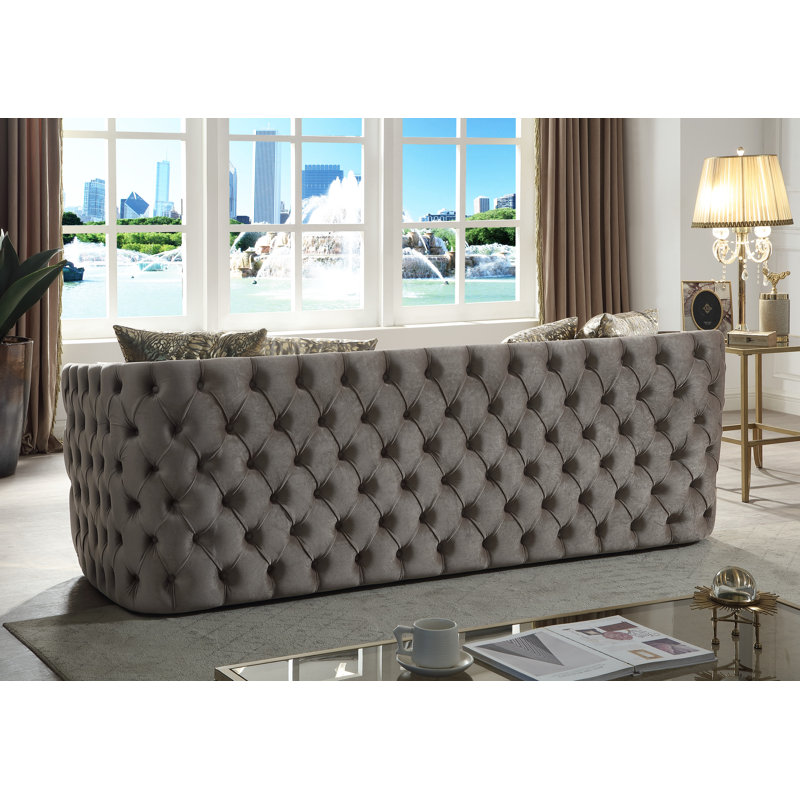 Doruk Velvet Button Tufted Sofa, 30" H x 92.91" W x 33.86" D Duplicate, Gray