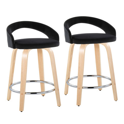 Fixed-Height Counter Stool With Swivel In Wood And Faux Leather With Round Metal Footrest - Set Of 2