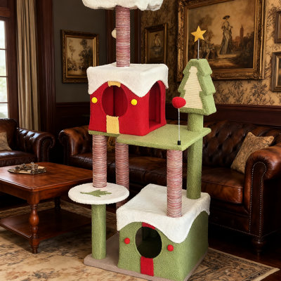 Arbre à chat de Noël de 54 pouces de hauteur avec une base stable et une haute tour souple pour chats de 54 pouces offrant un coffre-fort de divertissement à plusieurs niveaux