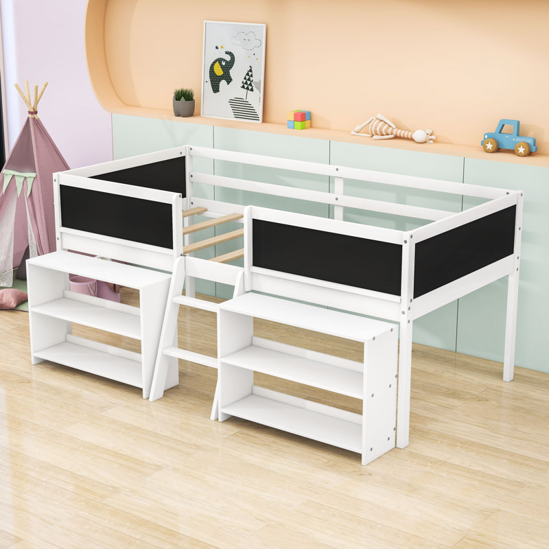 Lit mezzanine simple bas avec tablettes mobiles et tableau noir, Blanc