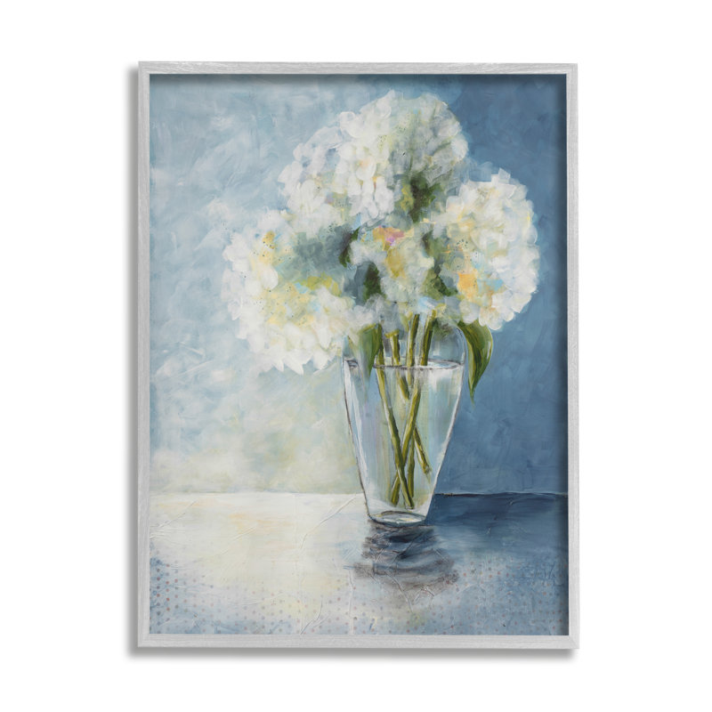 Illustration de vase de table en verre d'hortensias blancs par Doris Charest - Peinture, H 20 po x l 16 po x P 1,5 po