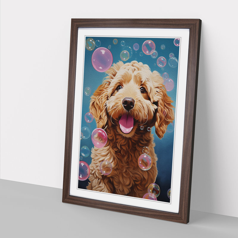 Labradoodle Bubble Gum Painting - Single Picture Frame Print on Wood, 46cm H x 34cm W x 2cm D, Walnut Framed