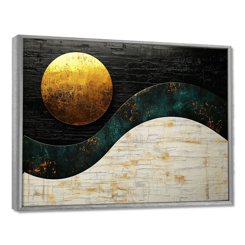 Lune sans limite dorée et noire - rêverie géométrique abstraite, H 16 po x l 32 po, Picture Framed, Argent argent