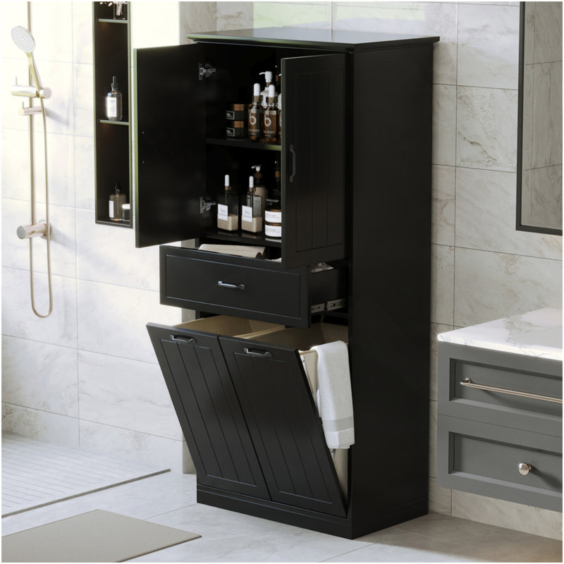 Armoire de rangement pour salle de bain avec deux paniers à linge, armoire de rangement avec portes et tiroir pour la maison, noir