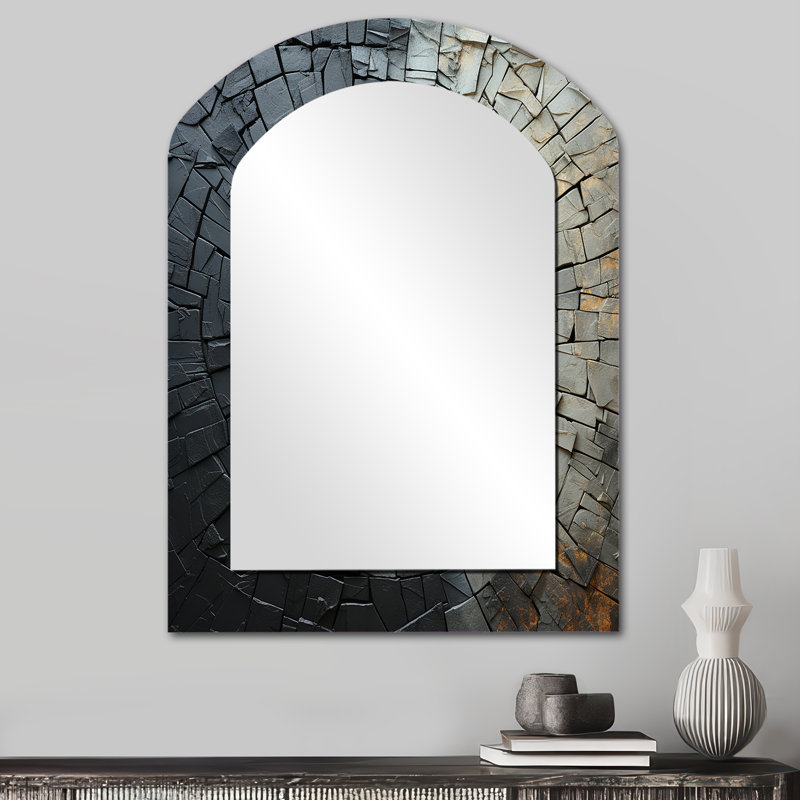 Pierre grise brisée Geode Minimalisme III - miroir mural en pierre spirituelle, miroir décoratif asymétrique traditionnel, impression d'art en métal