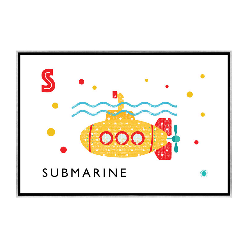 S Is For Submarine - Imprimé, Pas de tapis, H 40 po x l 60 po x 1,5 po, Toile avec cadre argenté