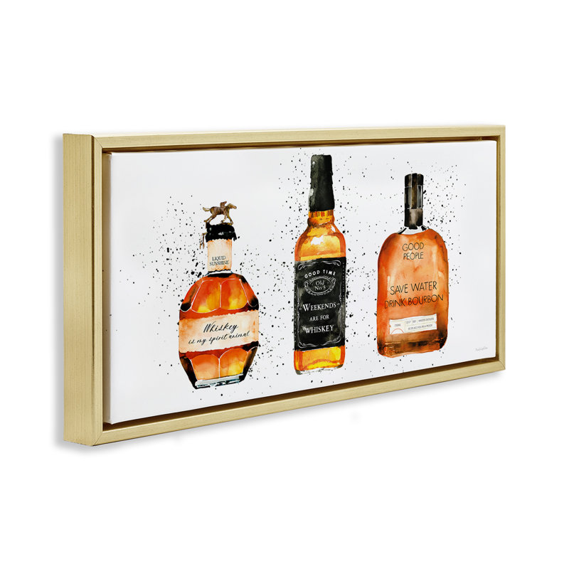 Bouteilles de whisky amusantes, Cadre flottant métallique doré, H 14 po x l 31 po