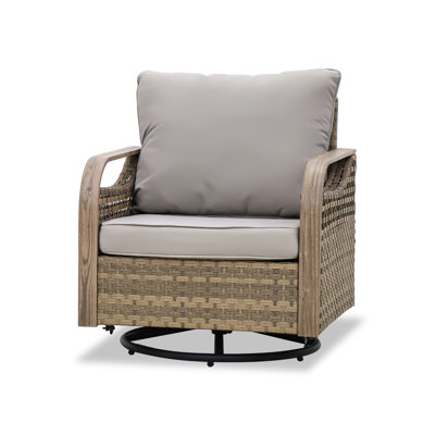Outdoor Wicker Swivel Glider Chairs With Cushions & Unique Wood-Grain Armrests